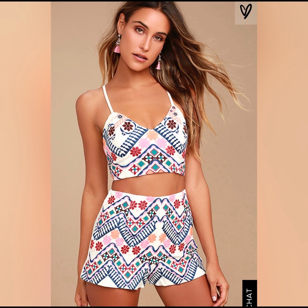 LULUS WHITE EMBROIDERED TWO-PIECE SHORTS SET